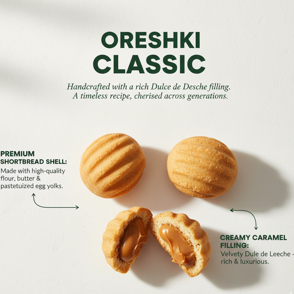 Oreshki Bulk Box — 32 Handmade Cookies with Creamy Caramel Filling (1.4 lb)